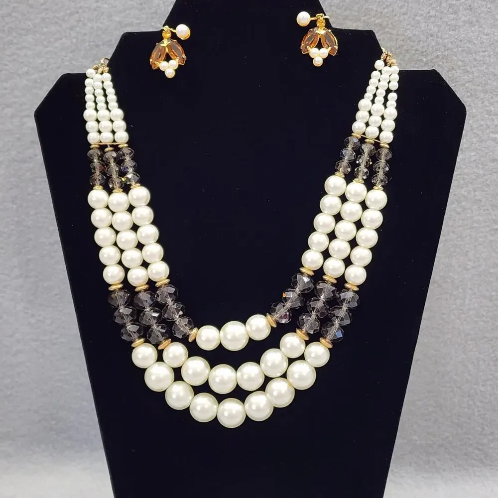 Crystal Necklace Clip-On Earrings Kenneth Jay Lane Three Strand Faux Pearl Brown